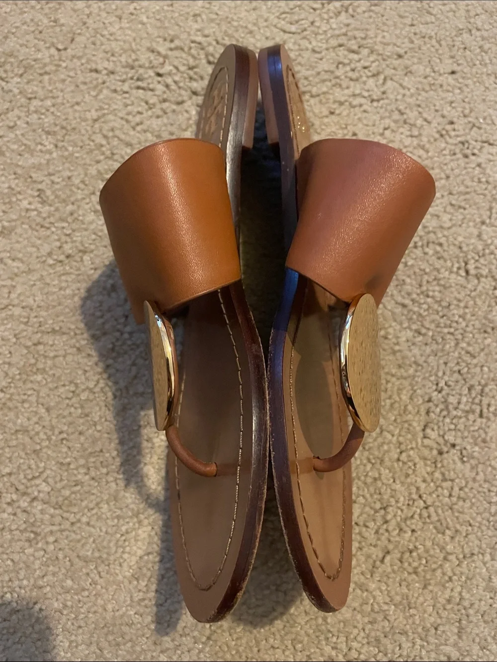 Tory Burch Brown Leather Slide Sandals with Gold Medallions